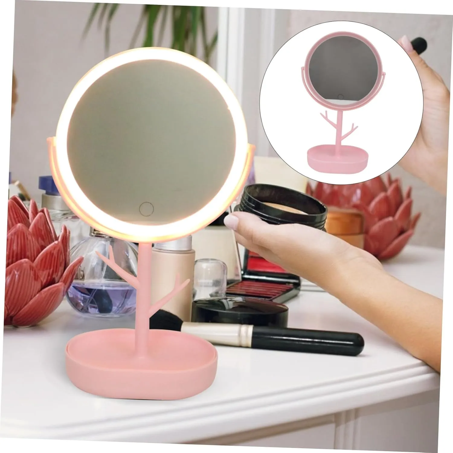 Housoutil Makeup Mirror Lights and Storage Rotatable 360° Led Lighting Compact Portable for Women Vanity Mirror for Girls