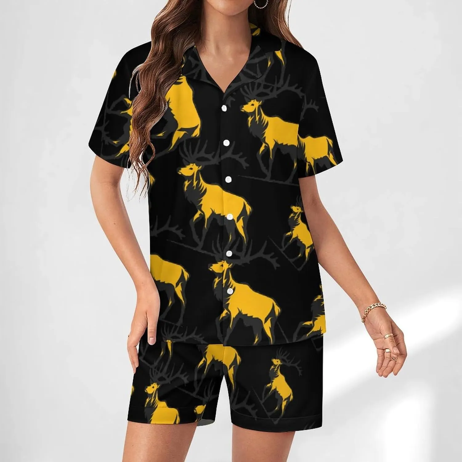Hunting Deer Women's Satin Pajama Set Short Sleeve Button Down Sleepwear Loungewear Pj Set