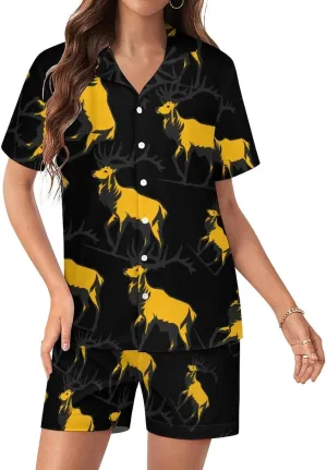 Hunting Deer Women's Satin Pajama Set Short Sleeve Button Down Sleepwear Loungewear Pj Set