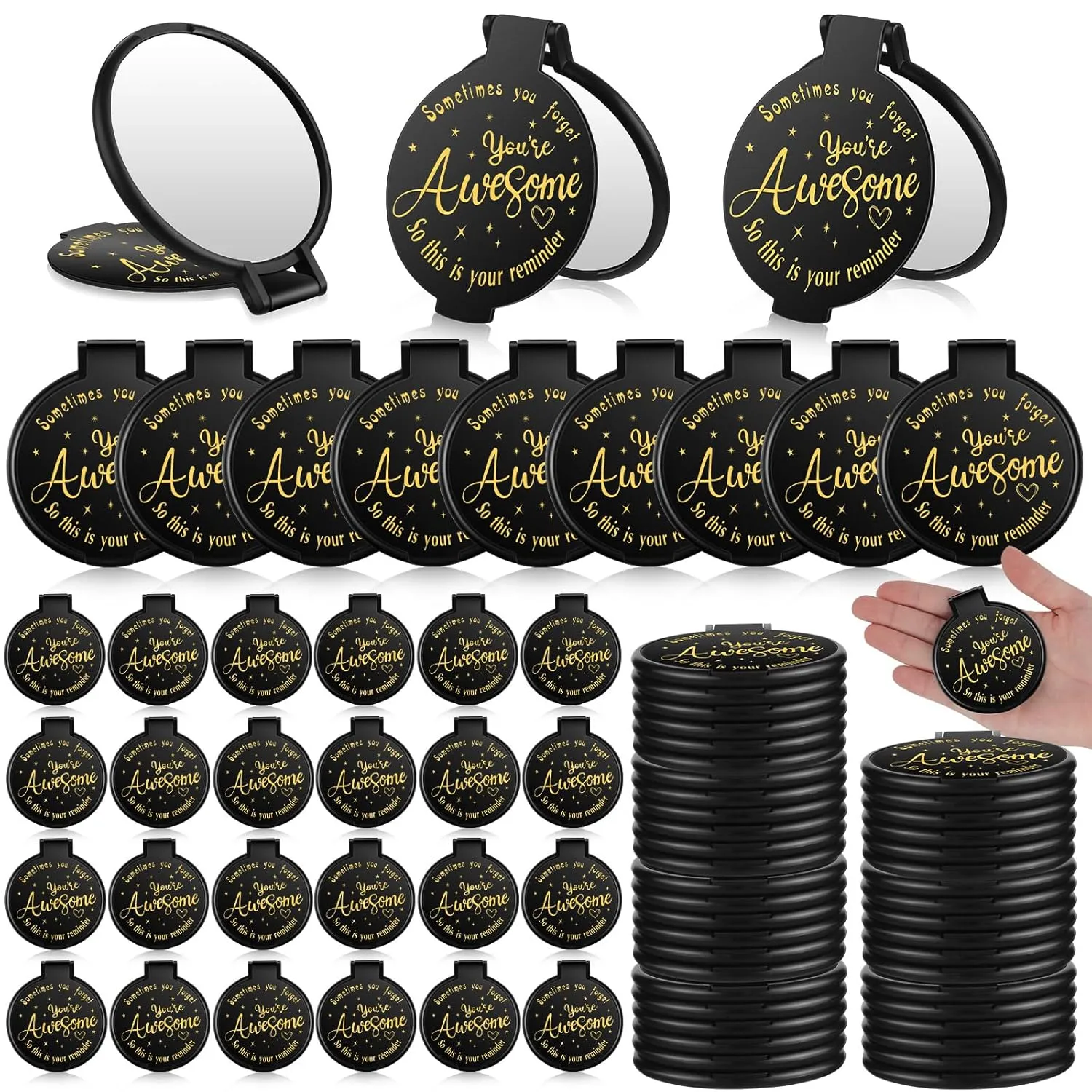 Huwena 100 Pcs Inspirational mini Compact Mirrors Bulk Gift for Women Galentines 2.8 Inch Black Small Pocket Mirror Portable Foldable Makeup Purse Employee Appreciation Gift for Coworker Staff Travel