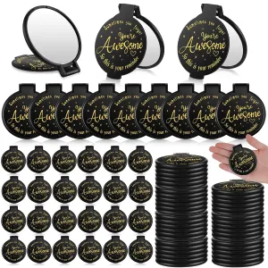 Huwena 100 Pcs Inspirational mini Compact Mirrors Bulk Gift for Women Galentines 2.8 Inch Black Small Pocket Mirror Portable Foldable Makeup Purse Employee Appreciation Gift for Coworker Staff Travel