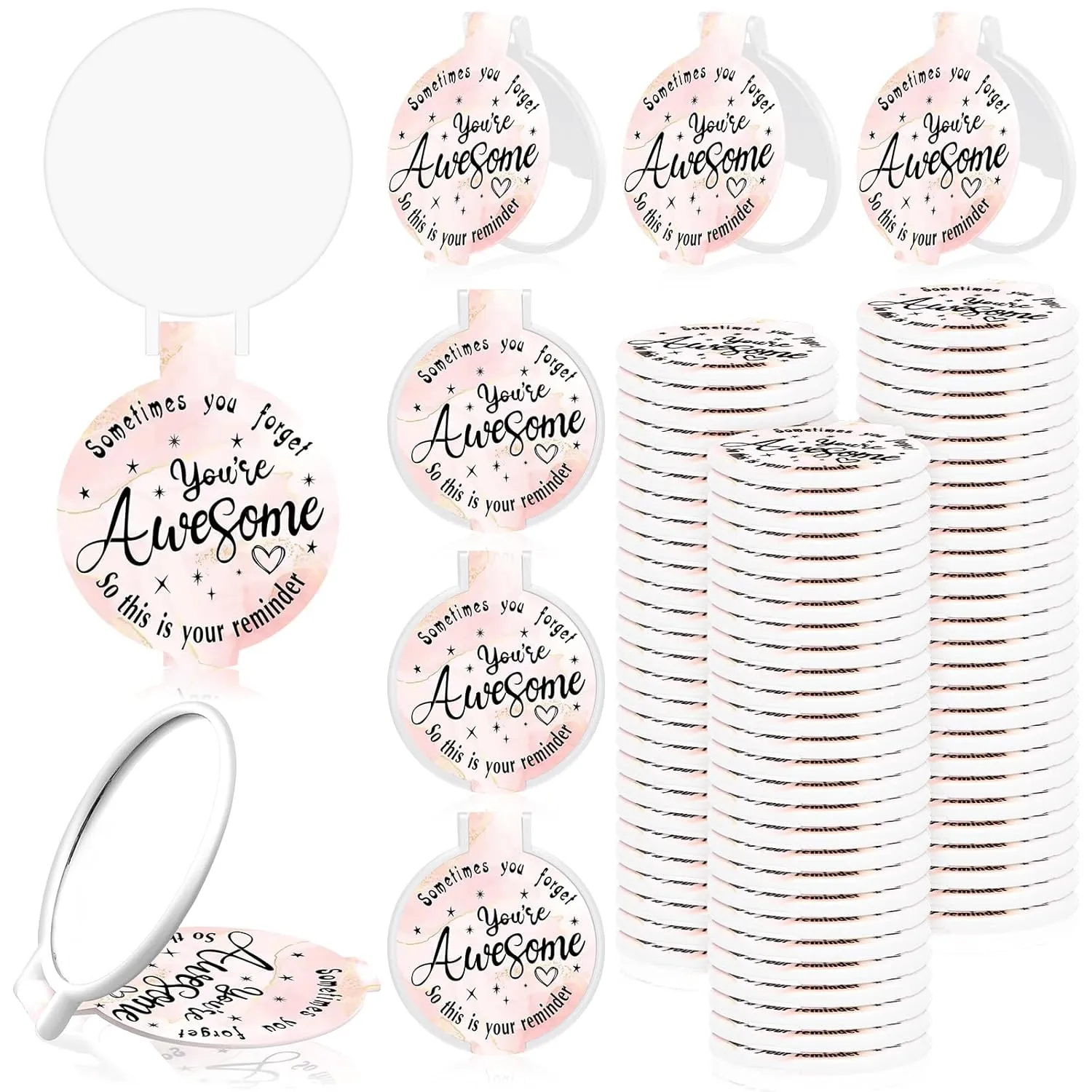 Huwena 100 Pcs Small Mirror Bulk Gifts for Women Pink Mini Compact Mirror Purse Inspirational Pocket Round Portable Folding Makeup Mirror for Christmas Employee Appreciation Coworkers Travel Daily