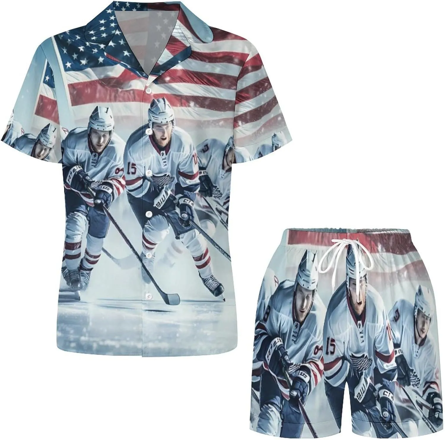 Ice Hockey U.S Sports Women's Satin Pajama Set Short Sleeve Button Down Sleepwear Loungewear Pj Set