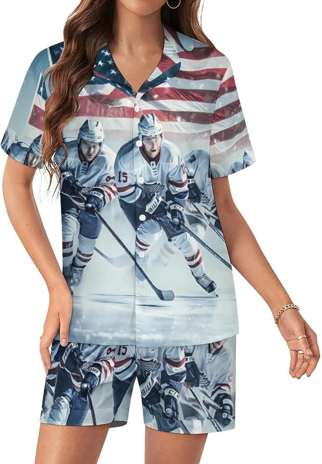 Ice Hockey U.S Sports Women's Satin Pajama Set Short Sleeve Button Down Sleepwear Loungewear Pj Set