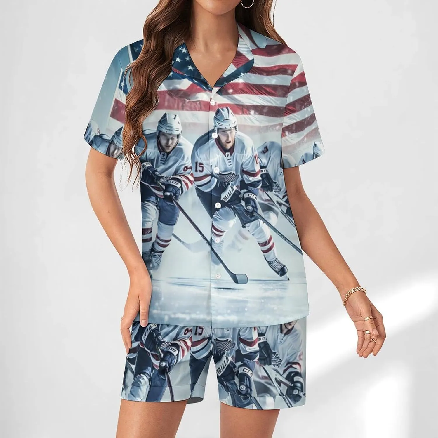 Ice Hockey U.S Sports Women's Satin Pajama Set Short Sleeve Button Down Sleepwear Loungewear Pj Set