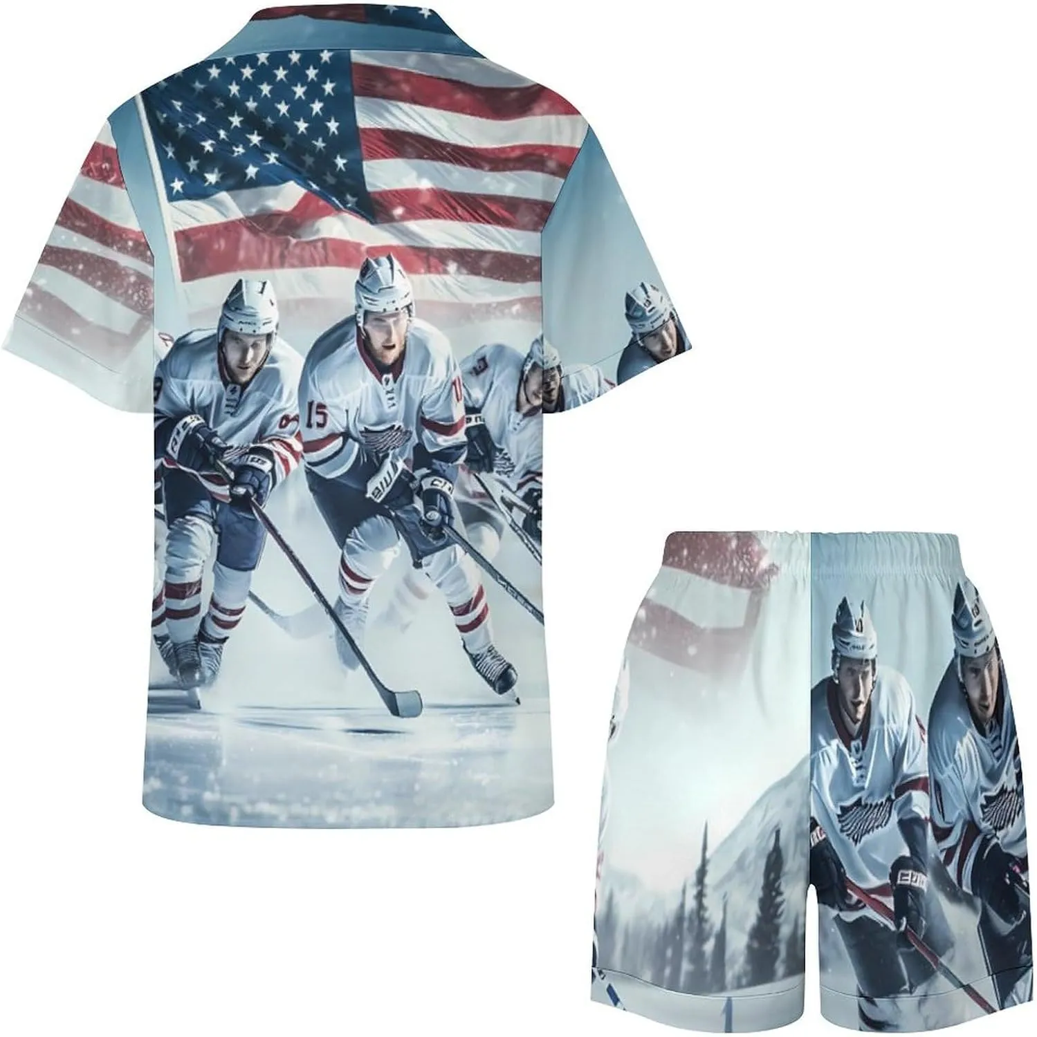 Ice Hockey U.S Sports Women's Satin Pajama Set Short Sleeve Button Down Sleepwear Loungewear Pj Set