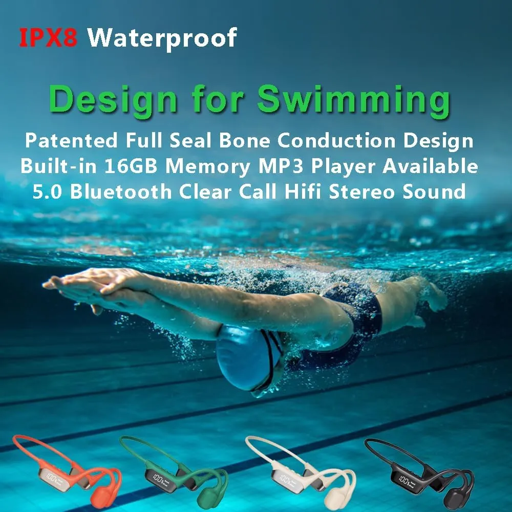 IHAO Swimming Headphones True Bone Conduction Open Ear Headset MP3 Player Built-in 32G Memory IP68 Underwater Waterproof Stereo Bluetooth Earphone for Driving Bicycling Running Skiing-Grey