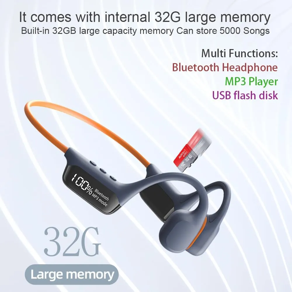 IHAO Swimming Headphones True Bone Conduction Open Ear Headset MP3 Player Built-in 32G Memory IP68 Underwater Waterproof Stereo Bluetooth Earphone for Driving Bicycling Running Skiing-Grey