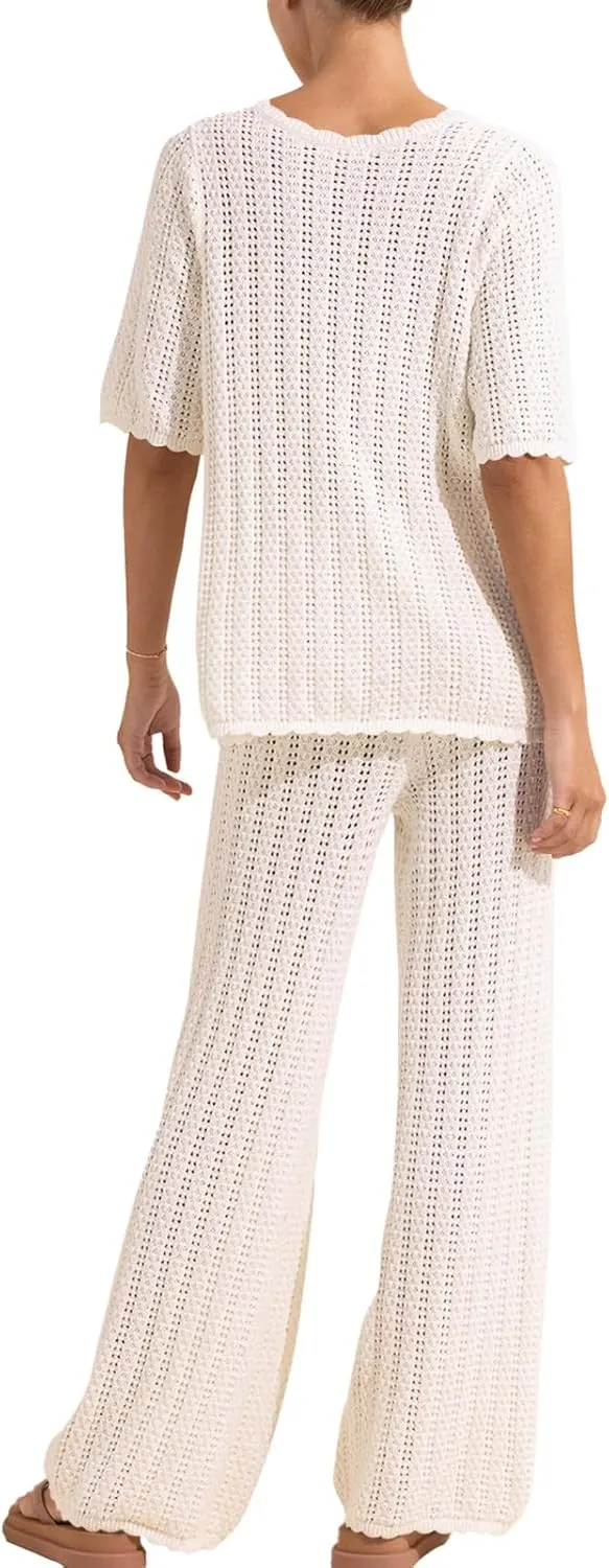 Imily Bela Women's Summer 2 Piece Swimsuit Cover up Crochet Knit Cardigan Tops Long Pants Set Bathing Suit Beach Outfit