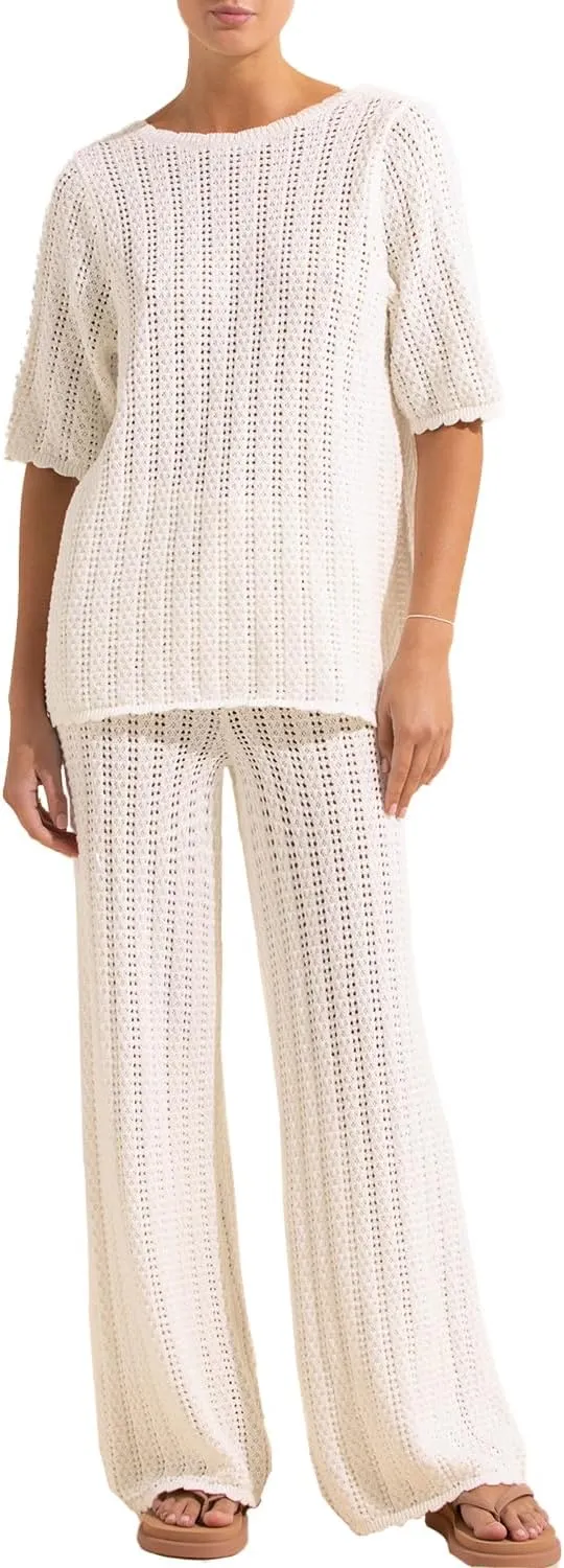 Imily Bela Women's Summer 2 Piece Swimsuit Cover up Crochet Knit Cardigan Tops Long Pants Set Bathing Suit Beach Outfit