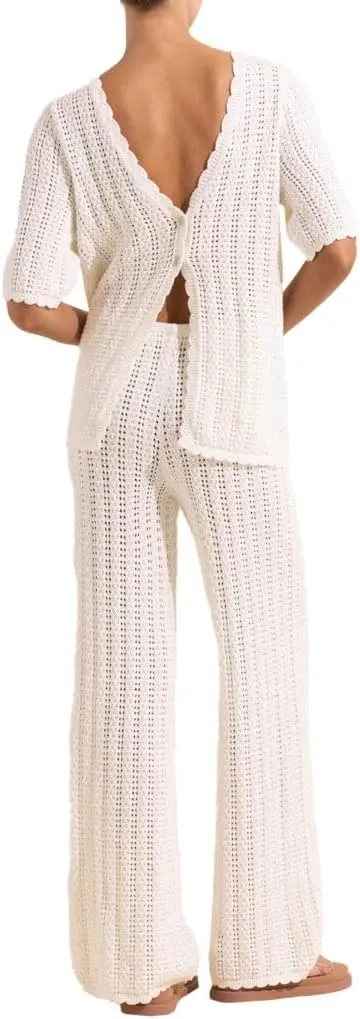 Imily Bela Women's Summer 2 Piece Swimsuit Cover up Crochet Knit Cardigan Tops Long Pants Set Bathing Suit Beach Outfit
