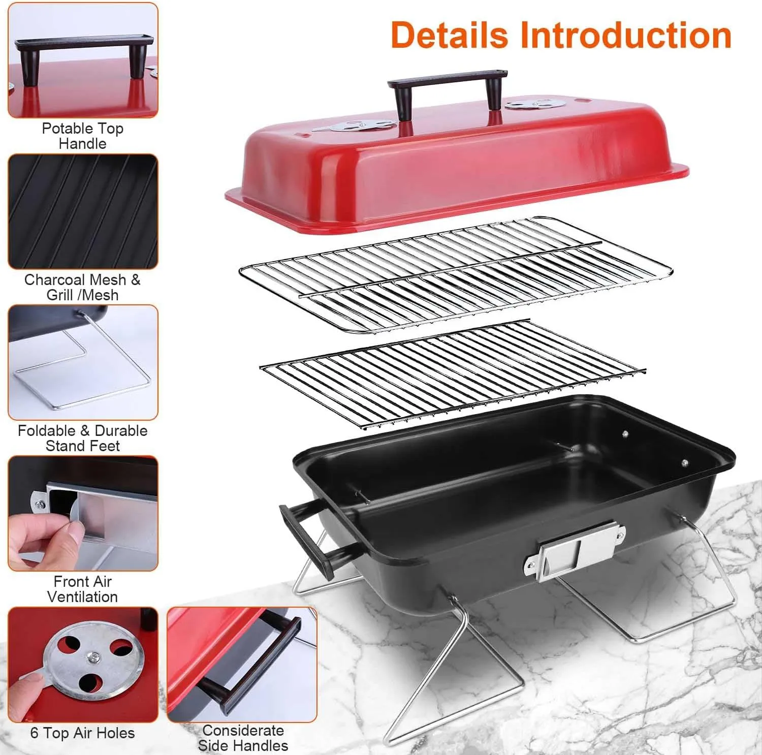 iMounTEK Portable Charcoal Grill Outdoor Tabletop Grill Small Barbecue Smoker Folding BBQ Grill with Lid for Backyard Camping Picnics Beach for Outdoor Cooking Camping Picnics Garden Grilling/Red