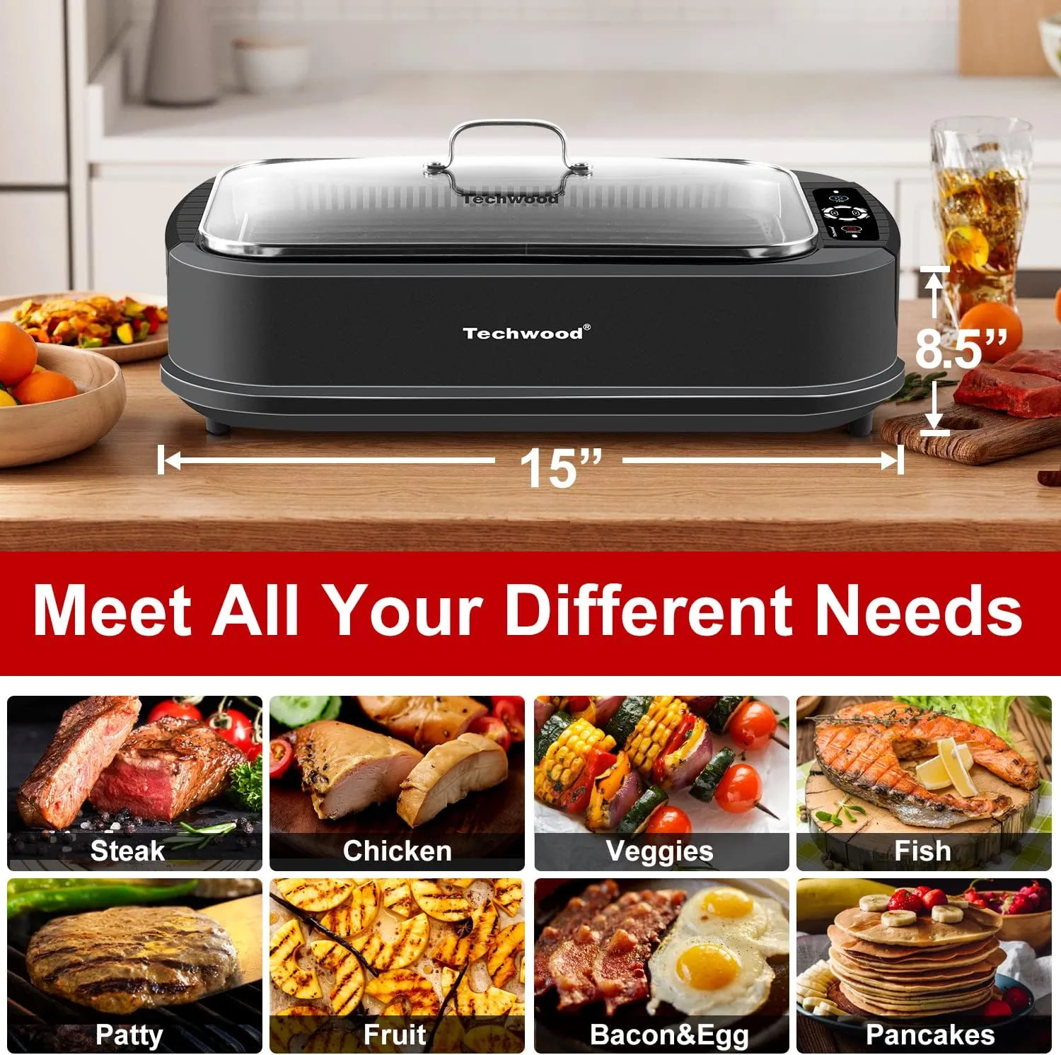 Indoor Smokeless Grill, Techwood 1500W Electric Grill with 2 in1 Nonstick Grill/Griddle Plates, Portable Korean BBQ Grill with 6-Level Control, Glass Lid, Dishwasher Safe, Double Plates, Black