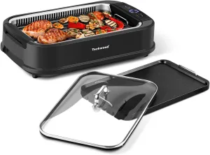 Indoor Smokeless Grill, Techwood 1500W Electric Grill with 2 in1 Nonstick Grill/Griddle Plates, Portable Korean BBQ Grill with 6-Level Control, Glass Lid, Dishwasher Safe, Double Plates, Black