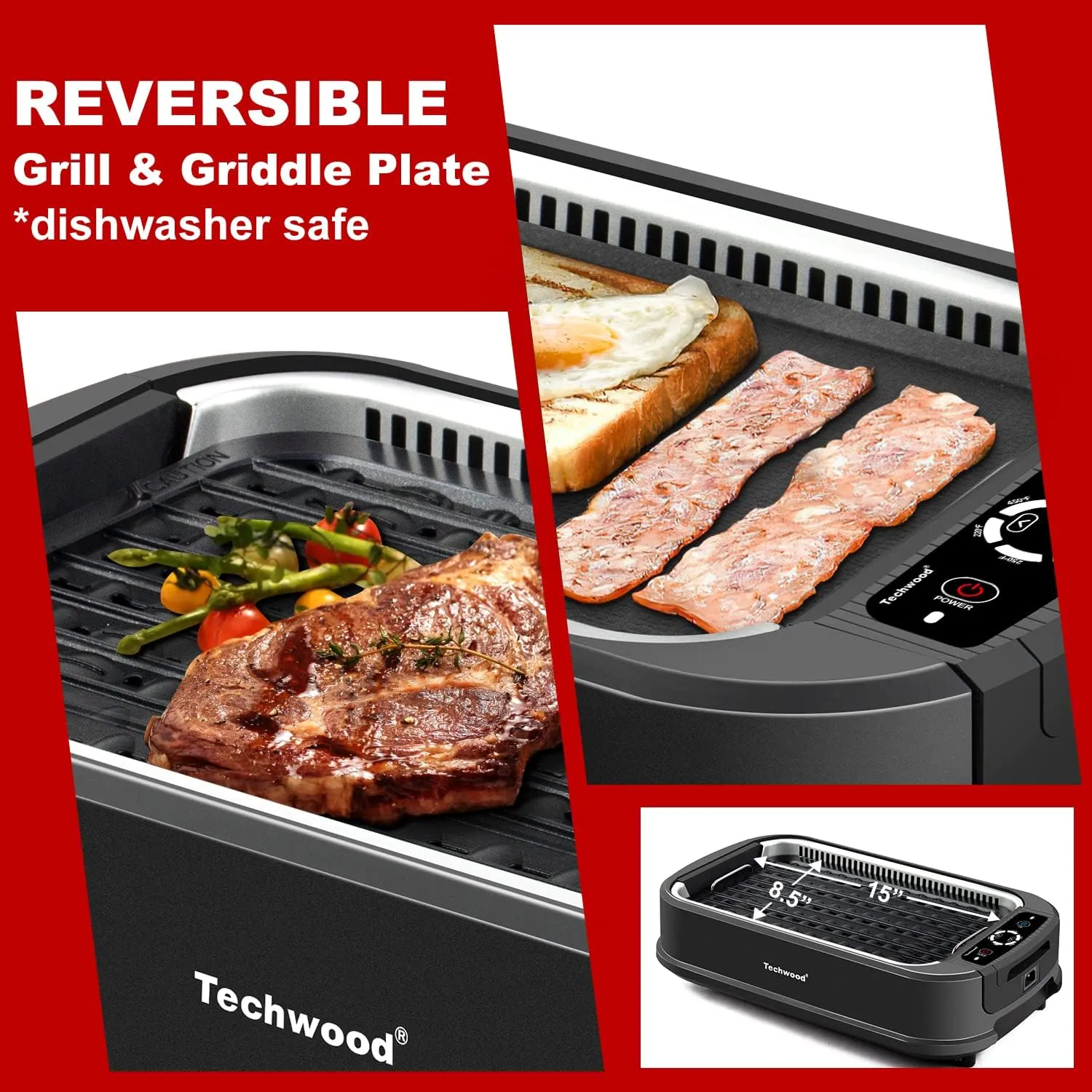 Indoor Smokeless Grill, Techwood 1500W Electric Grill with 2 in1 Nonstick Grill/Griddle Plates, Portable Korean BBQ Grill with 6-Level Control, Glass Lid, Dishwasher Safe, Double Plates, Black