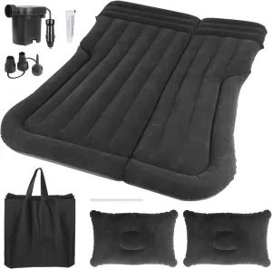 Inflatable Car Air Mattress SUV Inflatable Mattress Thick Camping Mattress with Pillow Air Pump Storage Bag PVC Flocking Car Bed for Sleeping Family Travel Black