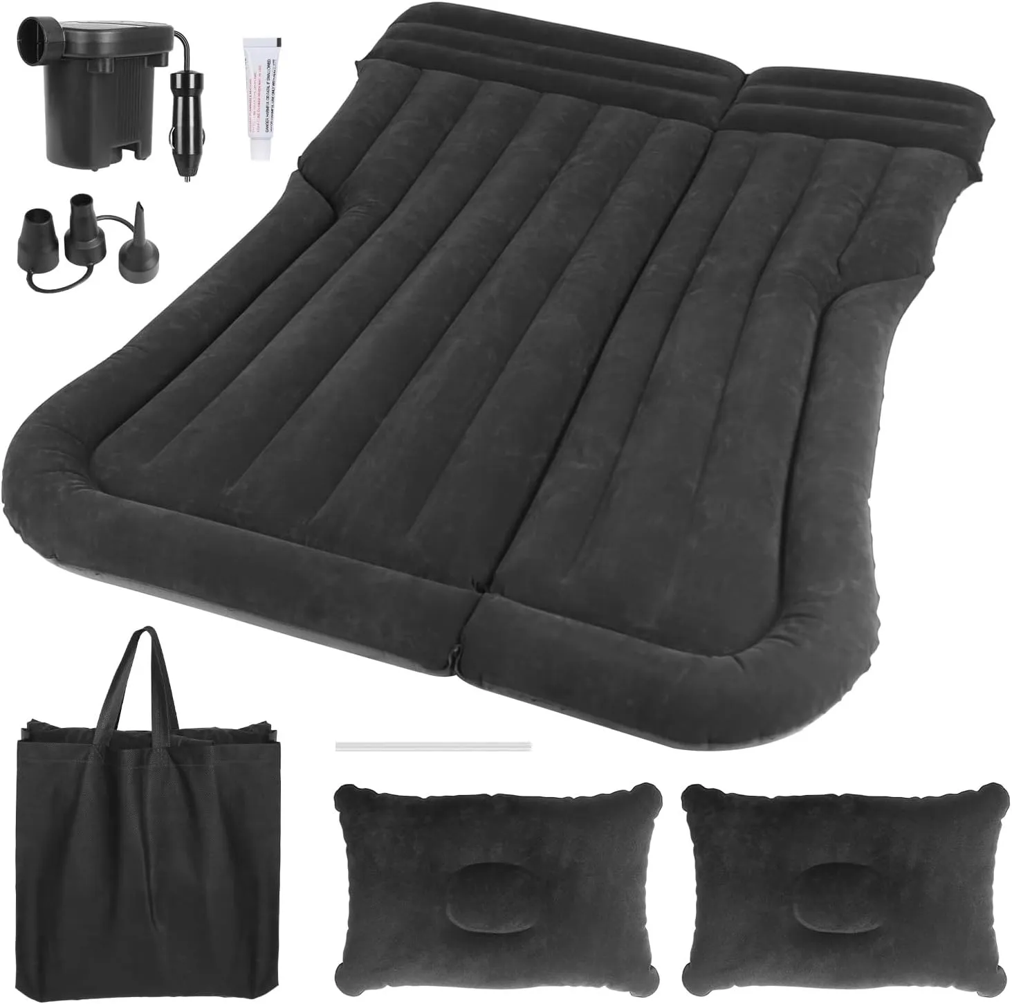 Inflatable Car Air Mattress SUV Inflatable Mattress Thick Camping Mattress with Pillow Air Pump Storage Bag PVC Flocking Car Bed for Sleeping Family Travel Black