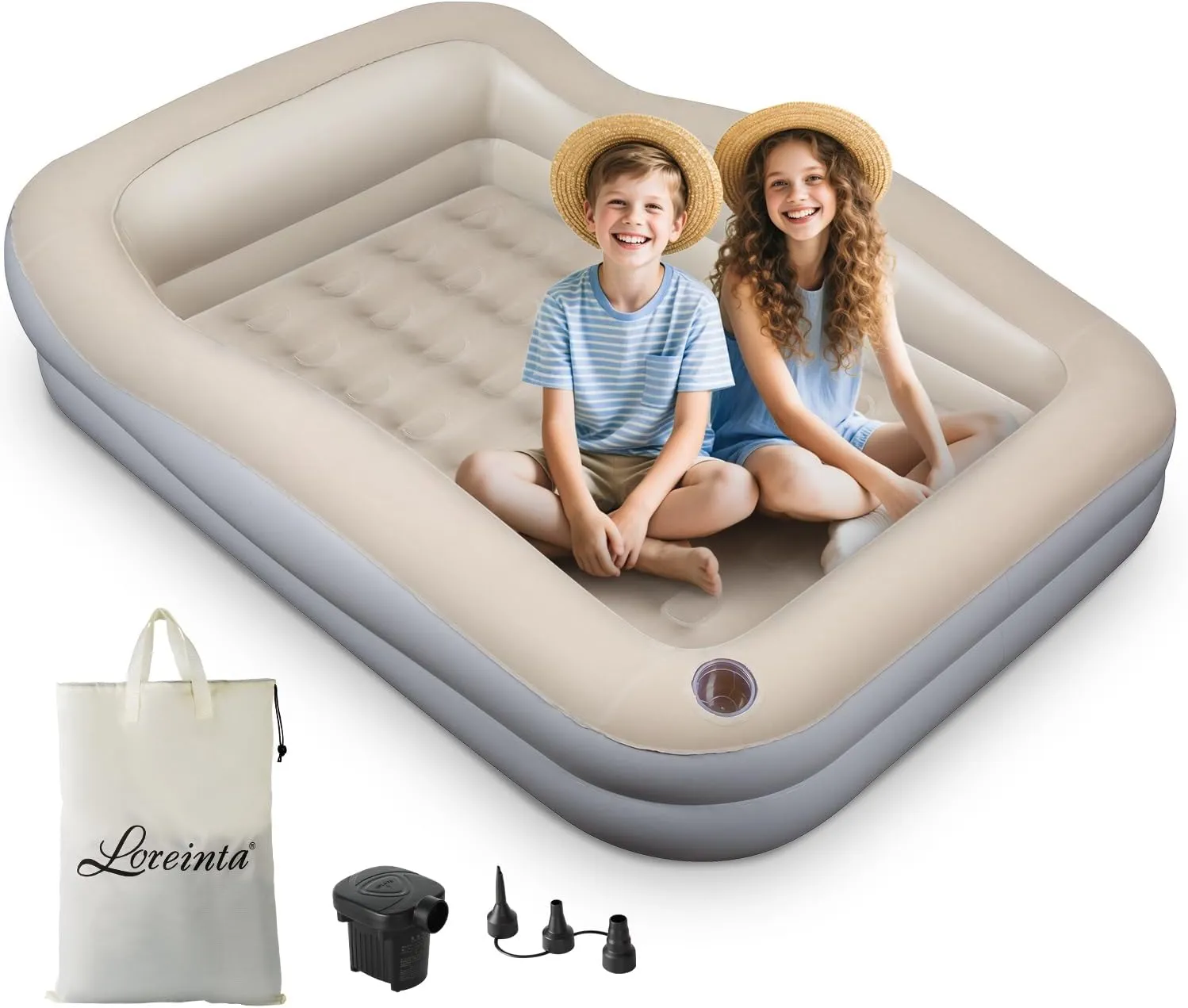 Inflatable Toddler Travel Bed – Portable Toddler Bed with Safety Bumpers, Toddler Floor Bed for Travel, Camping, Sleepovers – Kids Blow Up Bed with Pump & Carry Bag