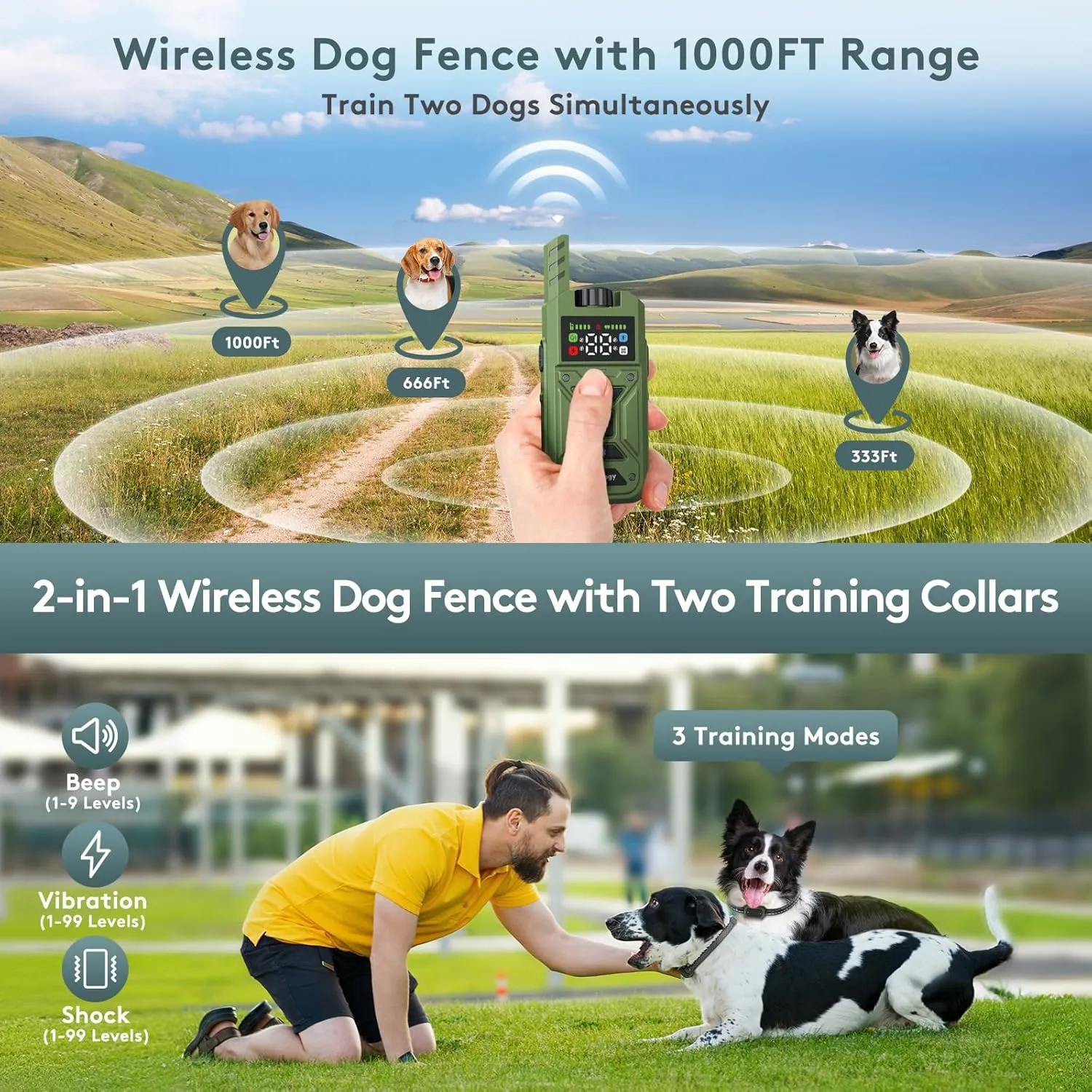 Invisible Dog Fence with Two Collars, Wireless Dog Fence System for Multi-Dogs, Electric Dog Training Collars with Remote, Waterproof Perimeter Dog Collars, 33ft-1000ft Range (Green)