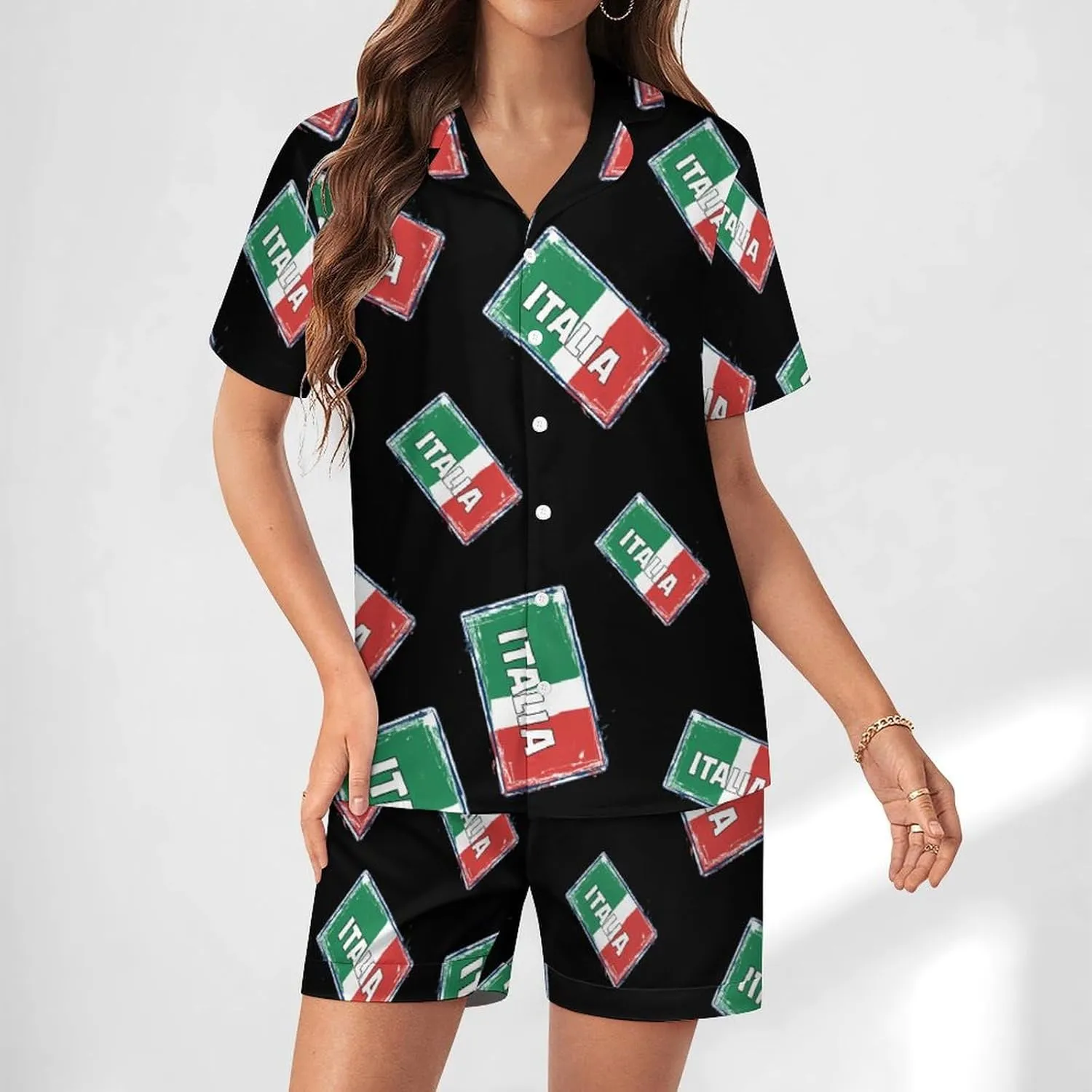 Italia National Prideful Women's Satin Pajama Set Short Sleeve Button Down Sleepwear Loungewear Pj Set
