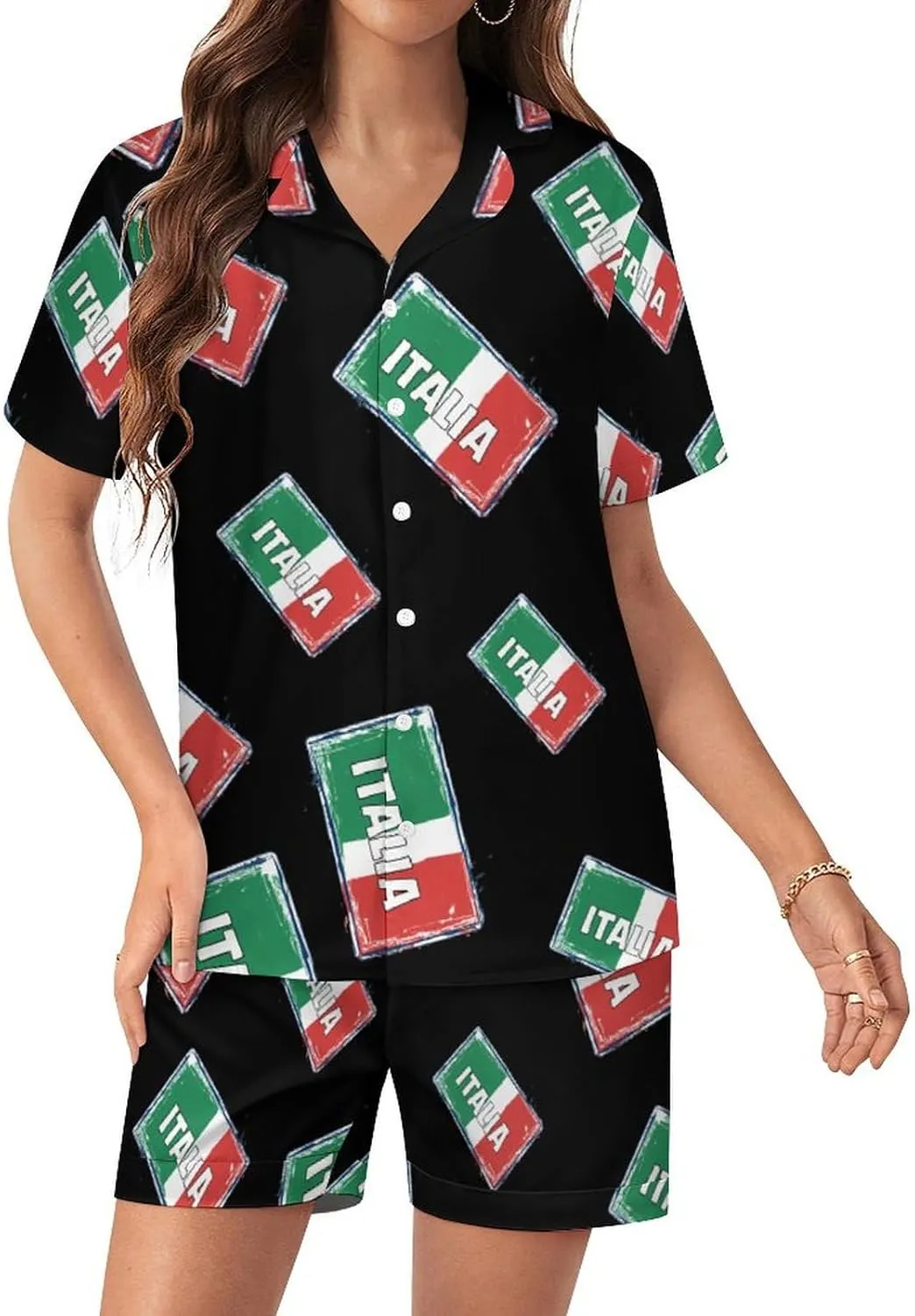 Italia National Prideful Women's Satin Pajama Set Short Sleeve Button Down Sleepwear Loungewear Pj Set