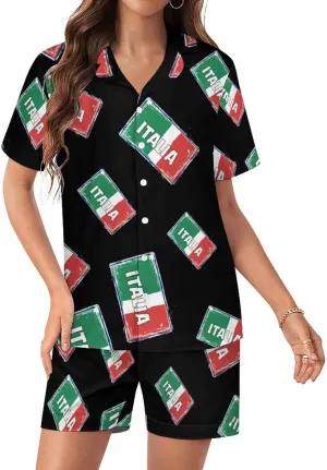Italia National Prideful Women's Satin Pajama Set Short Sleeve Button Down Sleepwear Loungewear Pj Set