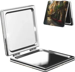 Italian Old Street Printed Square Pocket Makeup Mirror with 1X/2X Magnification, Portable Mini Travel Makeup Mirror for Travel Daily Work Beauty