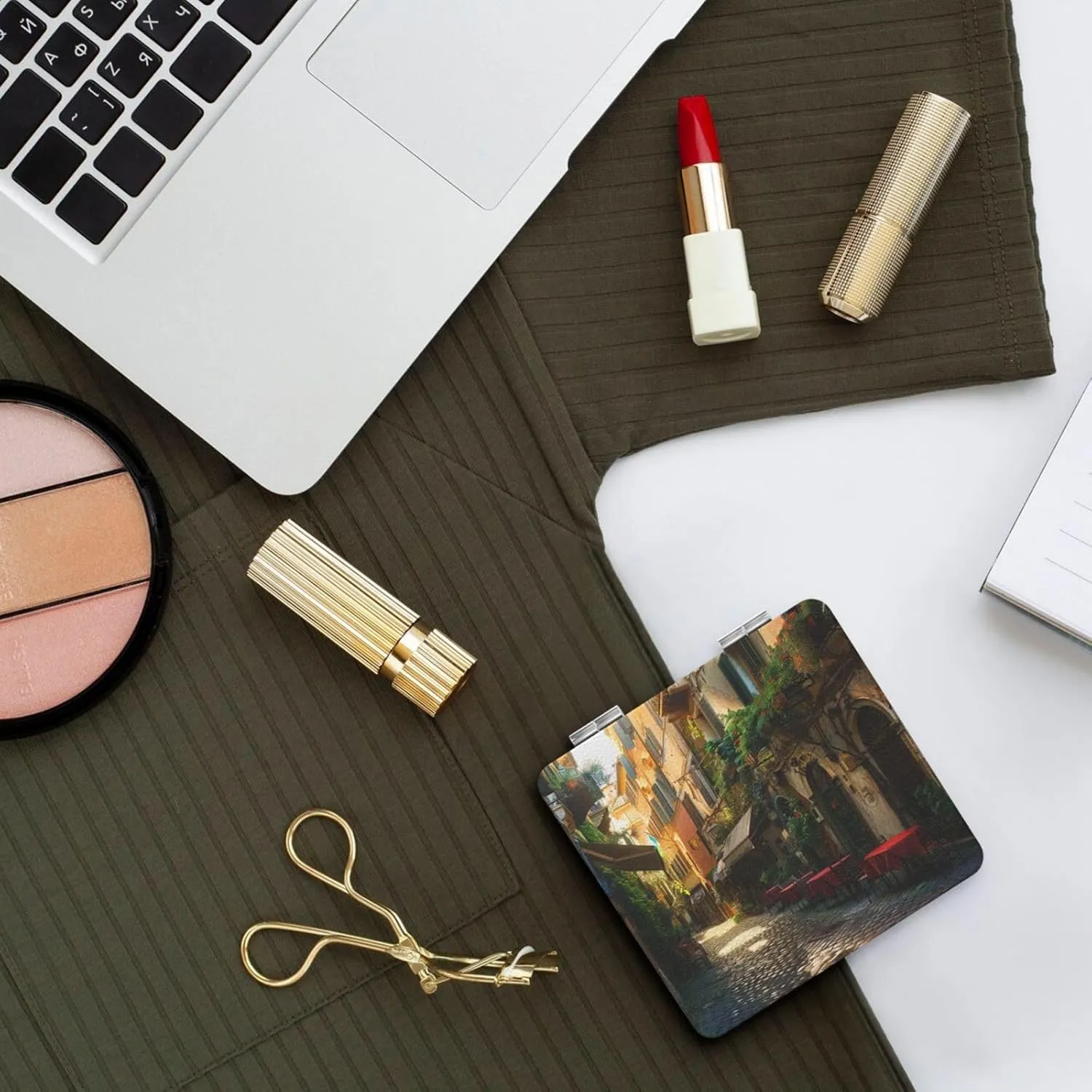 Italian Old Street Printed Square Pocket Makeup Mirror with 1X/2X Magnification, Portable Mini Travel Makeup Mirror for Travel Daily Work Beauty