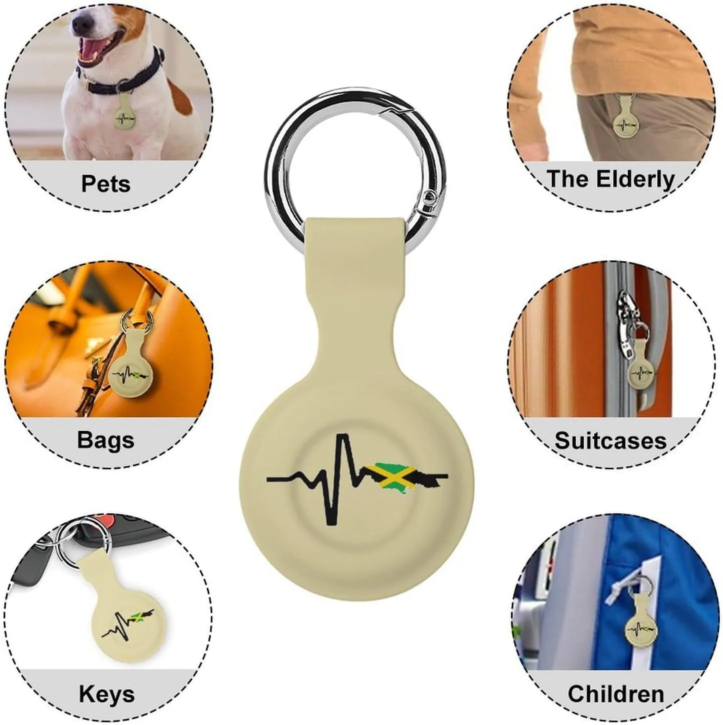 Jamaica Map Flag Heartbeat Compatible with AirTag Holder Waterproof Silicone Shell Protective Case with Metal Keychain