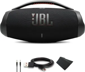 JBL Boombox 3 - Portable Bluetooth Speaker, IPX7 Waterproof, 24 Hours of Playtime (Black) (JBLBOOMBOX3BLKAM)   AUX Cable   USB-C Cable   Microfiber Cloth
