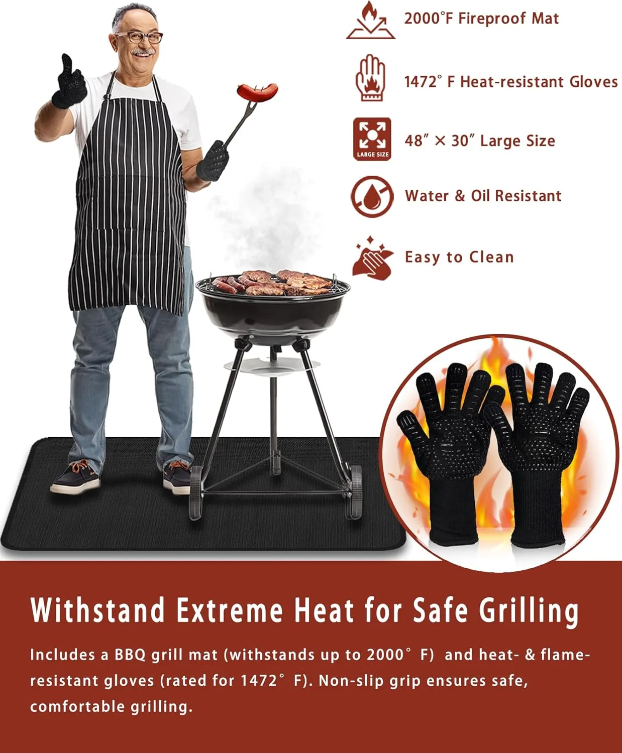 JUIN Grill Mat & BBQ Gloves: 48 x 30 Inches Large Double-Sided Fireproof Pad & Glove Set - Under Griddle Protector Gas Barbecue Splatter Mats Outdoor Oil-Proof with for Blackstone Grill Decks & Patios