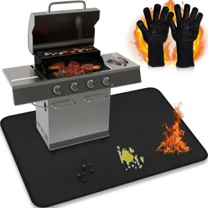 JUIN Grill Mat & BBQ Gloves: 48 x 30 Inches Large Double-Sided Fireproof Pad & Glove Set - Under Griddle Protector Gas Barbecue Splatter Mats Outdoor Oil-Proof with for Blackstone Grill Decks & Patios