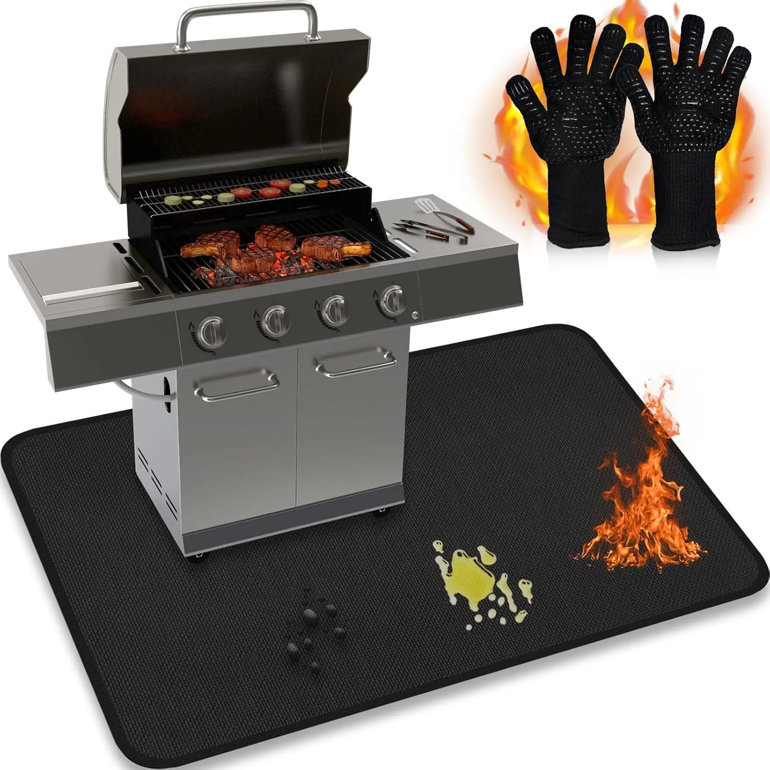 JUIN Grill Mat & BBQ Gloves: 48 x 30 Inches Large Double-Sided Fireproof Pad & Glove Set - Under Griddle Protector Gas Barbecue Splatter Mats Outdoor Oil-Proof with for Blackstone Grill Decks & Patios