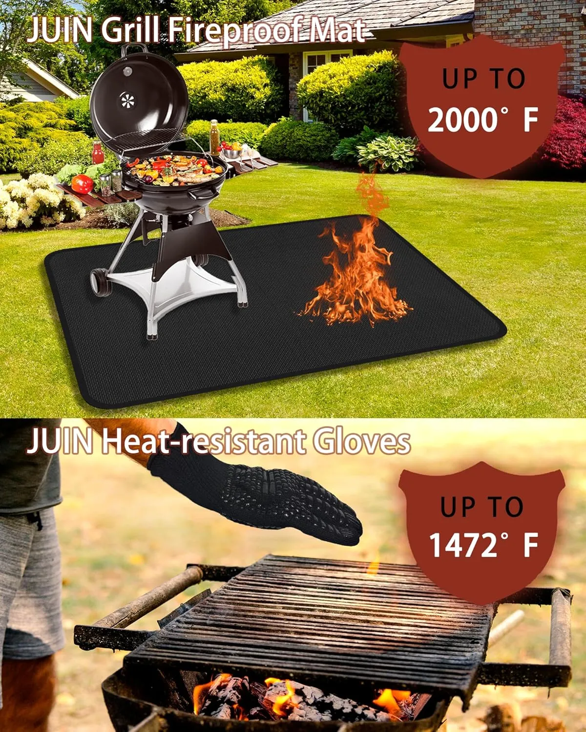 JUIN Grill Mat & BBQ Gloves: 48 x 30 Inches Large Double-Sided Fireproof Pad & Glove Set - Under Griddle Protector Gas Barbecue Splatter Mats Outdoor Oil-Proof with for Blackstone Grill Decks & Patios