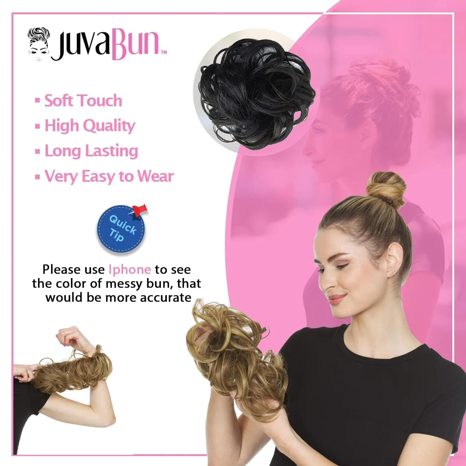 Juvabun Messy Bun Hair Piece - Black| Hair Pieces for Women & Men| Messy Bun Hair Piece | Everyday Wear | Washable & Realistic| Synthetic Messy Hair Bun |Black