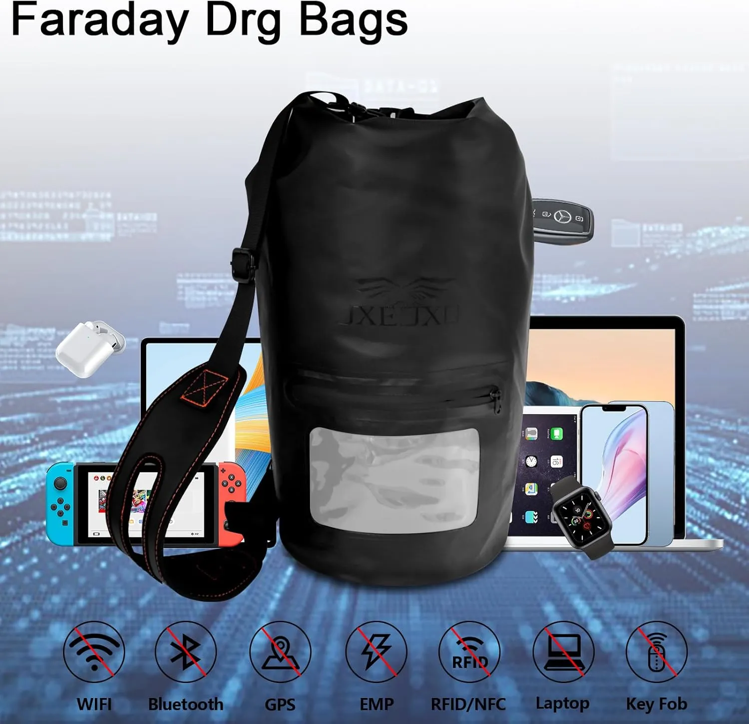 JXE JXO 15L Waterproof Faraday Dry Bag for Electronic Device Security | Military-Grade EMP & RFID Signal Blocking, Anti-Tracking & Hacking Protection, Data Privacy Shield for Mobile Devices