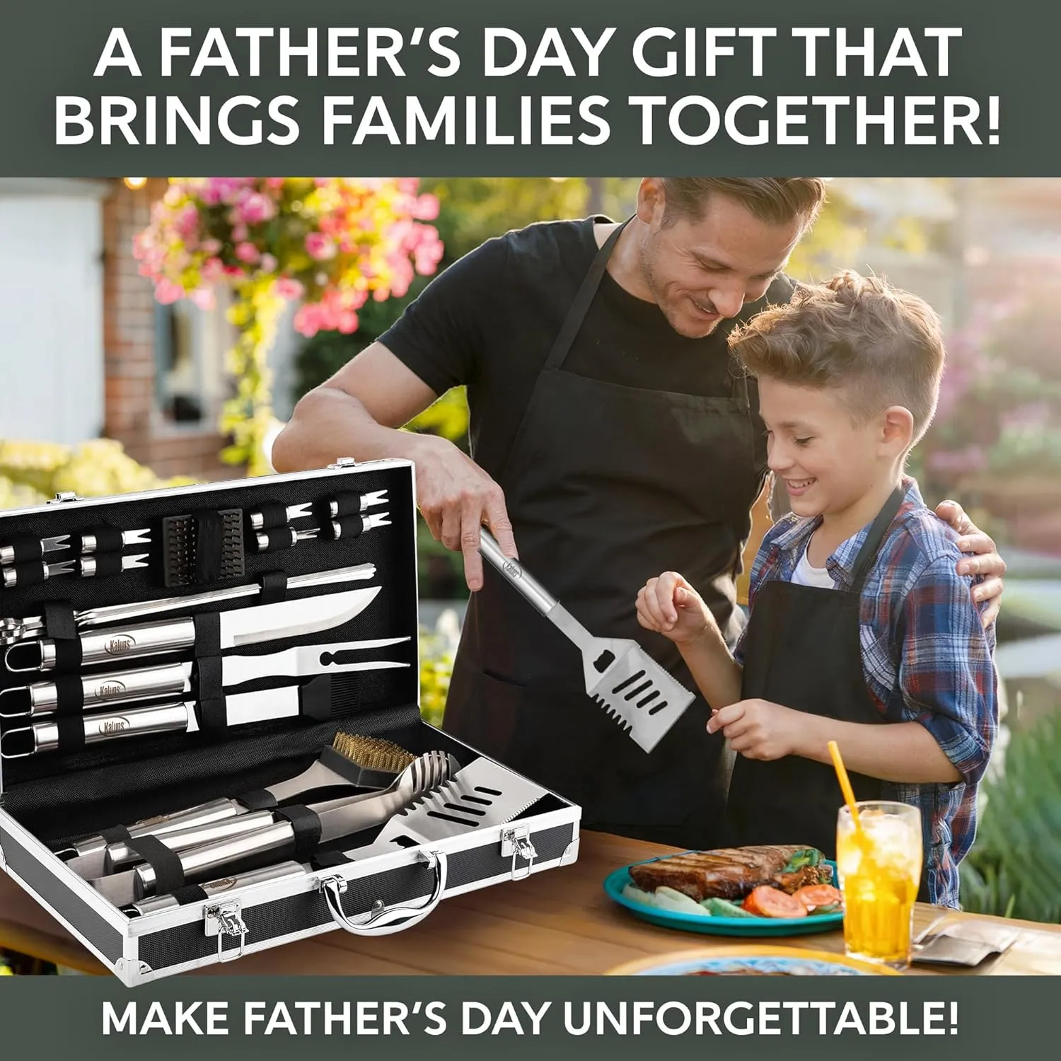 Kaluns Grilling Accessories, Dad Gifts for Fathers Day Grilling Gifts, Heavy Duty Stainless Steel BBQ Grill Tools Set for Outdoor Grill with Aluminum Case and Apron, Dad Birthday Gifts for Men Husband