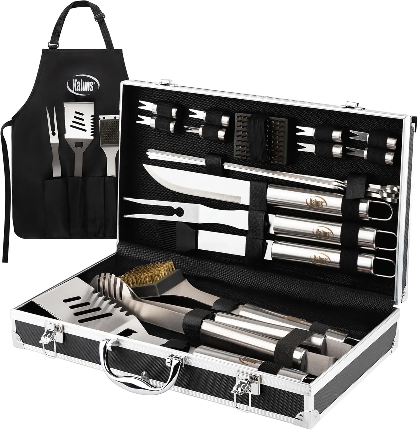 Kaluns Grilling Accessories, Dad Gifts for Fathers Day Grilling Gifts, Heavy Duty Stainless Steel BBQ Grill Tools Set for Outdoor Grill with Aluminum Case and Apron, Dad Birthday Gifts for Men Husband