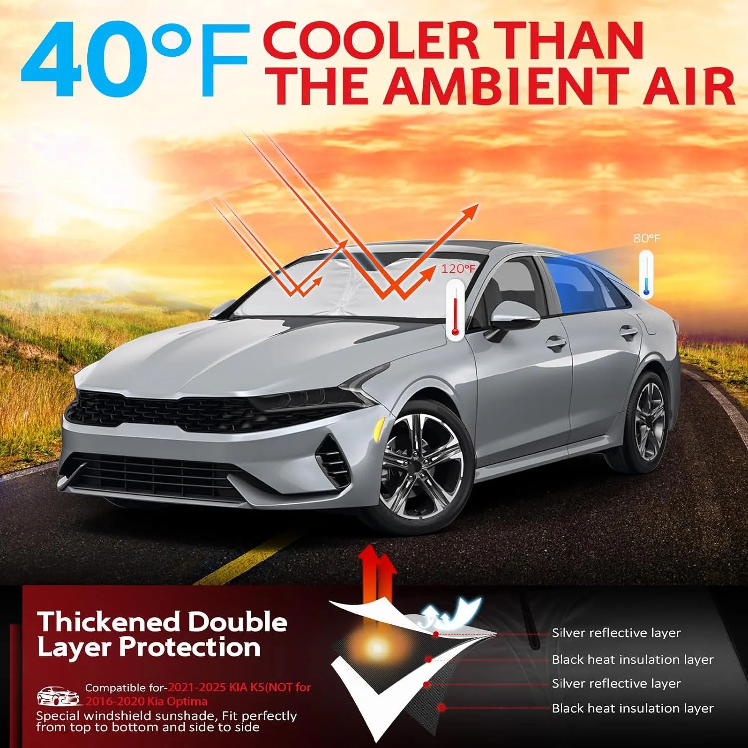 KAYZT Windshield Sun Shade for 2021-2025 KIA K5 GT-Line GT Sedan Foldable Sunshade Front Window Custom Fit Car Accessories