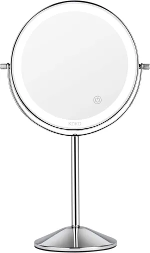 KDKD Lighted Makeup Mirror 7X Magnifying Swivel Vanity Mirror with 72 LED Lights 3 Color Modes, 8 Inch Round Tabletop Standing Polished Chrome Finished Cosmetic Mirror Rechargeable.