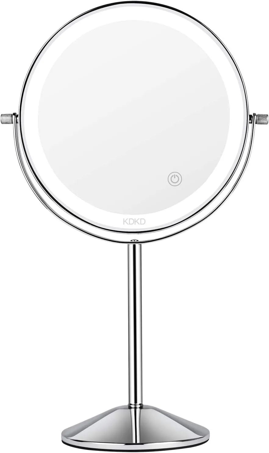 KDKD Lighted Makeup Mirror 7X Magnifying Swivel Vanity Mirror with 72 LED Lights 3 Color Modes, 8 Inch Round Tabletop Standing Polished Chrome Finished Cosmetic Mirror Rechargeable.