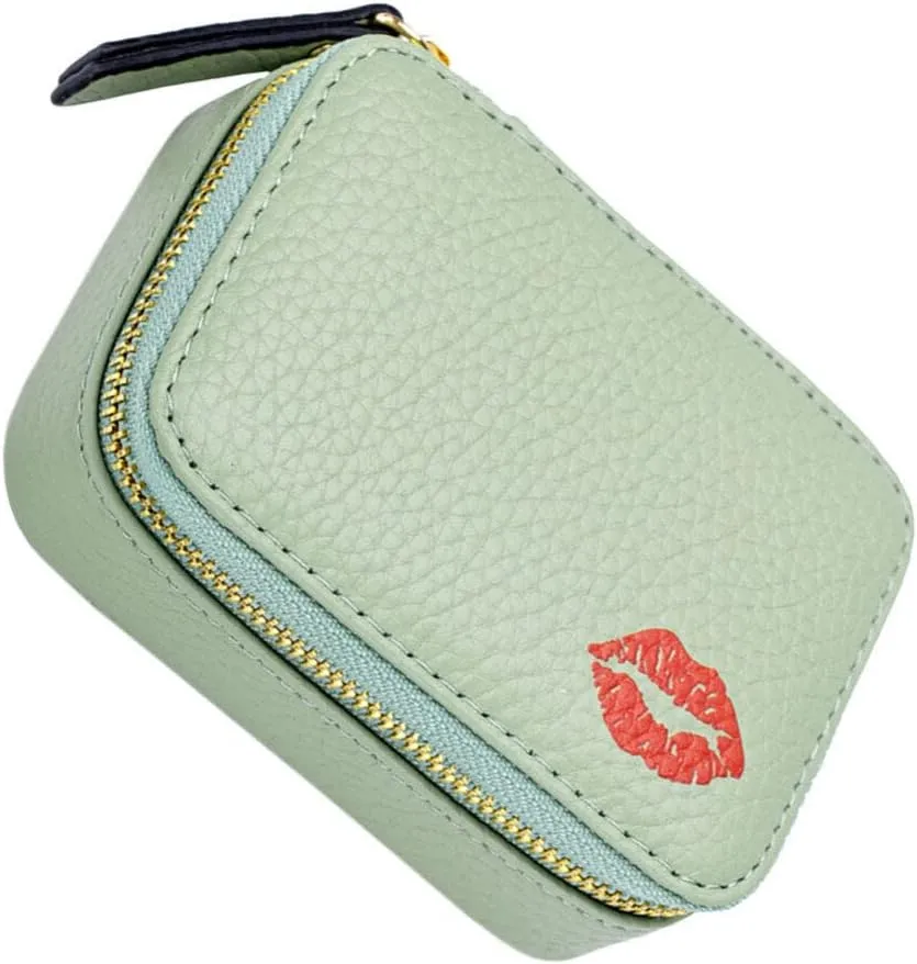 Kichvoe Portable Mini Makeup Bag with Mirror, Pu Leather Lipstick Case for Travel, Light Green Small Cosmetic Pouch for Women, Compact Storage for Lipstick, Cards, and Jewelry
