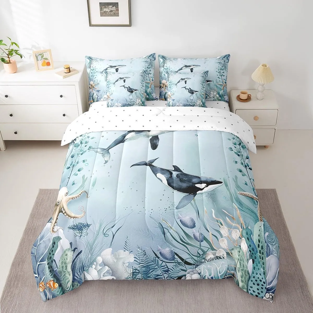 Killer Whale Orca Comforter Set 7 Piece Bed in a Bag Twin,Teal Blue Ocean Beach Coastal Bedding Set Starfish Octopus Tentacles Sheet Sets with Comforter Creature Coral Bed Set,Kawaii Fish Room Decor