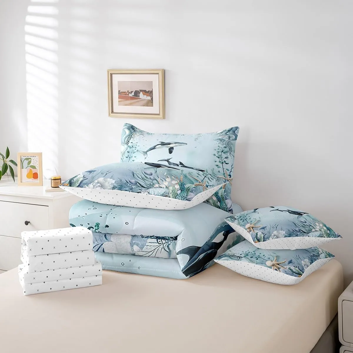 Killer Whale Orca Comforter Set 7 Piece Bed in a Bag Twin,Teal Blue Ocean Beach Coastal Bedding Set Starfish Octopus Tentacles Sheet Sets with Comforter Creature Coral Bed Set,Kawaii Fish Room Decor