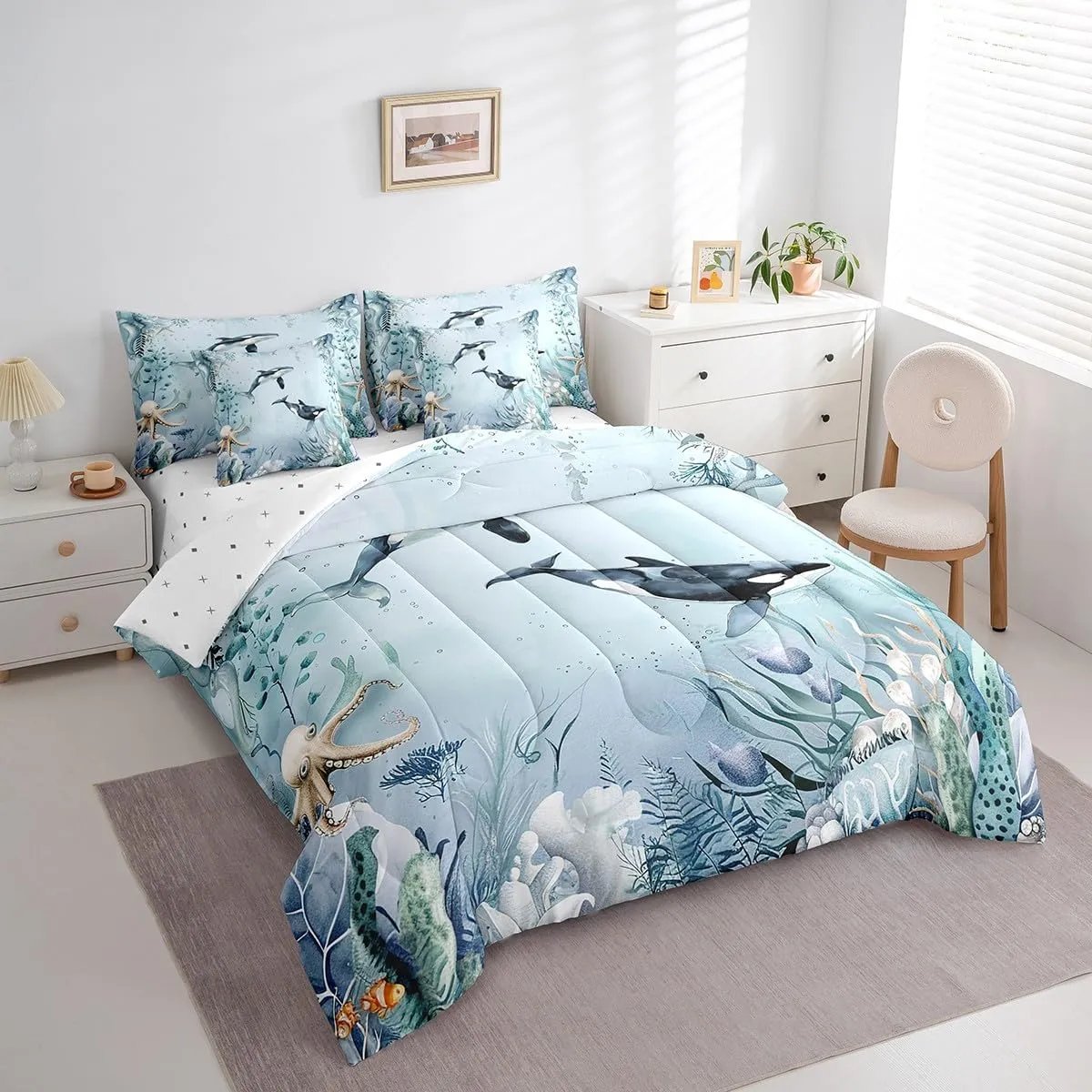 Killer Whale Orca Comforter Set 7 Piece Bed in a Bag Twin,Teal Blue Ocean Beach Coastal Bedding Set Starfish Octopus Tentacles Sheet Sets with Comforter Creature Coral Bed Set,Kawaii Fish Room Decor