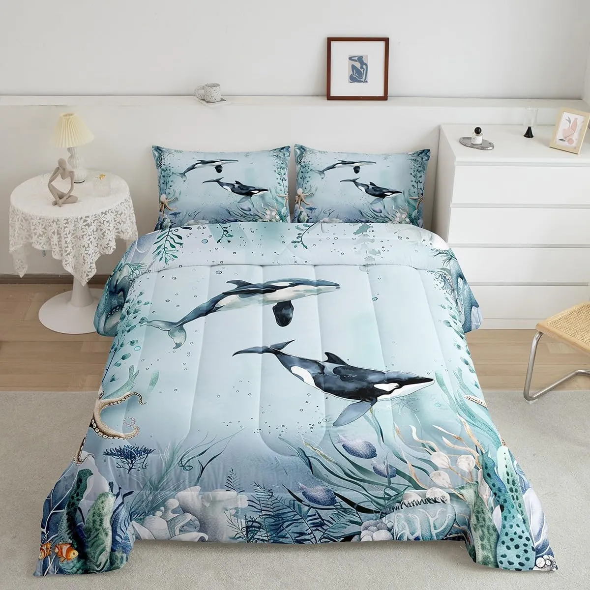 Killer Whale Orca Comforter Set 7 Piece Bed in a Bag Twin,Teal Blue Ocean Beach Coastal Bedding Set Starfish Octopus Tentacles Sheet Sets with Comforter Creature Coral Bed Set,Kawaii Fish Room Decor