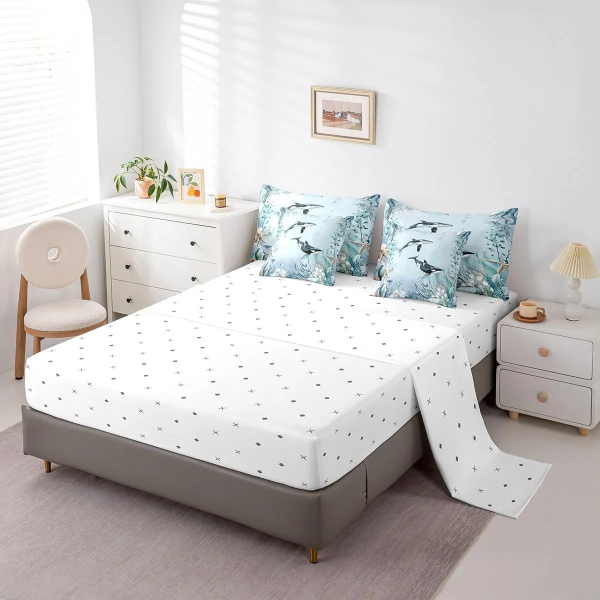 Killer Whale Orca Comforter Set 7 Piece Bed in a Bag Twin,Teal Blue Ocean Beach Coastal Bedding Set Starfish Octopus Tentacles Sheet Sets with Comforter Creature Coral Bed Set,Kawaii Fish Room Decor