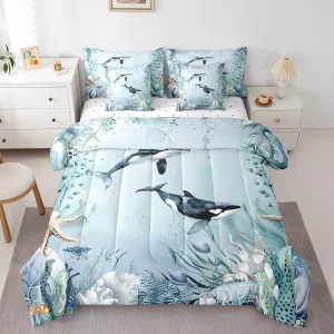 Killer Whale Orca Comforter Set 7 Piece Bed in a Bag Twin,Teal Blue Ocean Beach Coastal Bedding Set Starfish Octopus Tentacles Sheet Sets with Comforter Creature Coral Bed Set,Kawaii Fish Room Decor