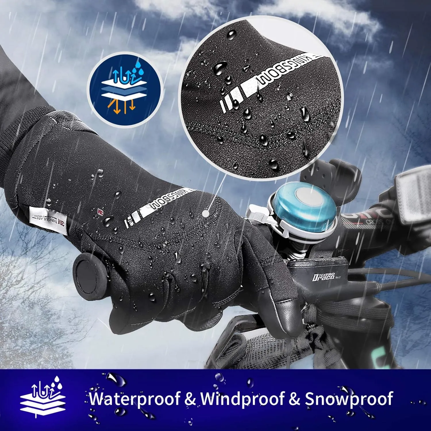 KINGSBOM -40℉ Winter Waterproof Thermal Gloves - 3M Thinsulate Windproof Touch Screen Warm Gloves - for Driving,Cycling,Riding,Running,Outdoor Sports - for Women and Men - Black