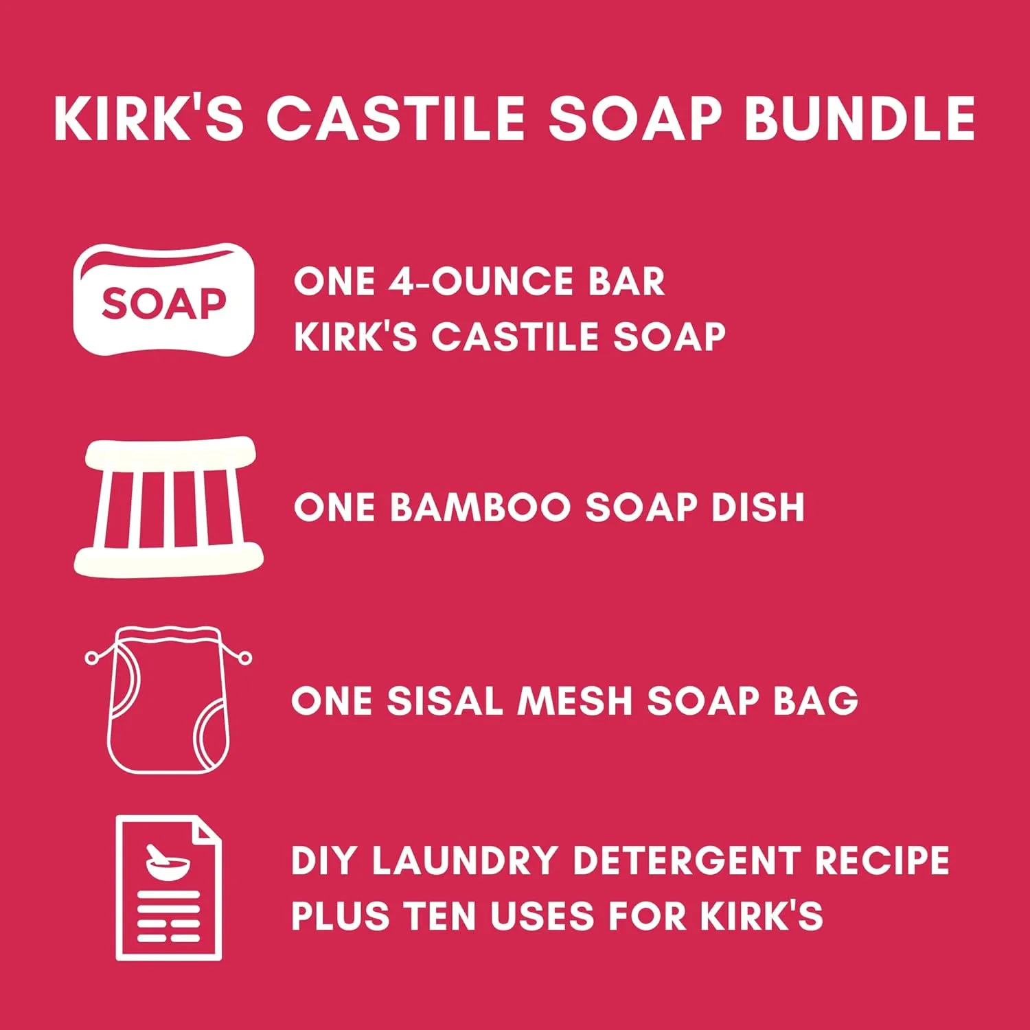 Kirks Pure Castile Soap Premium Coconut Oil Bar Bundle - Includes 1 Kirk's Coco Bath Soap Fragrance Free Bar, Bamboo Natural Soap Holder, Sisal Soap Bag, DIY Laundry Detergent Stain Remover Recipe and Kirk's Clean Tips by Foxtail Collective